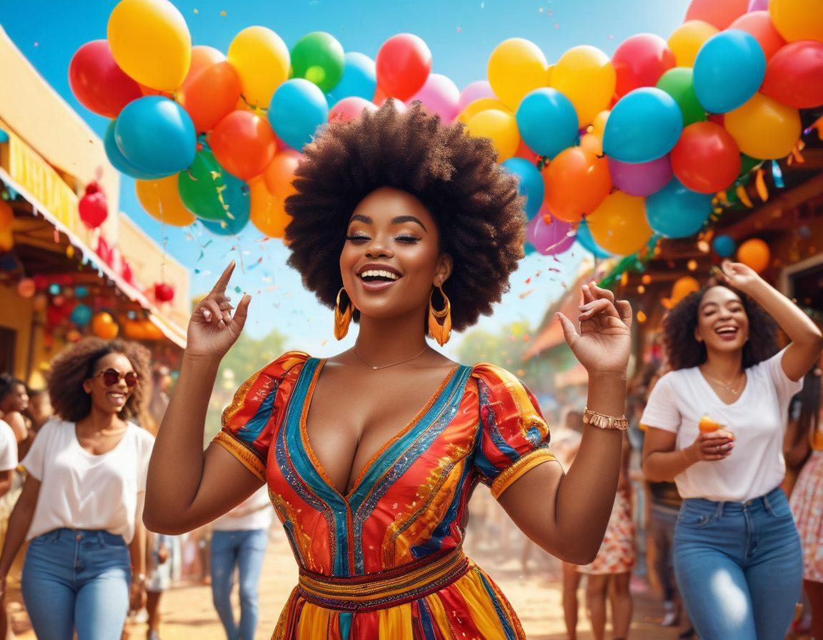A lively celebration scene featuring diverse Black beauty enthusiasts dancing joyfully in a colorful outdoor setting. The imagery should include vibrant decorations, eye-catching balloons, and a DJ booth playing music, with everyone in stylish outfits that celebrate body positivity. Incorporate festive elements like confetti and delicious food stalls in the background, all under a bright sunny sky. 3D. vibrant colors. festive atmosphere.