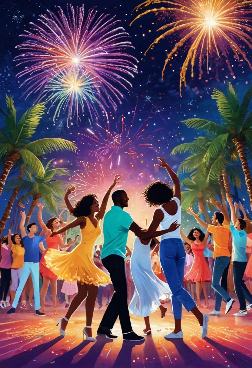 A vibrant celebration scene filled with people joyfully dancing, showcasing diverse body types and energy, with dazzling fireworks illuminating the night sky. Include radiant colors that evoke happiness, and a background of tropical palm trees swaying gently. The atmosphere should be filled with confetti and smiles, radiating a sense of freedom and joy. super-realistic. bright and vibrant colors. dynamic composition.