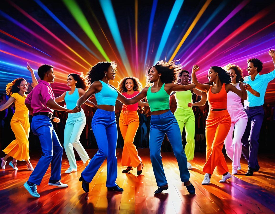 A vibrant dance floor filled with joyful people expressing freedom and happiness, surrounded by colorful lights and energetic movement. Illustrate a diverse group of dancers in dynamic poses, radiating positive energy and fun. Include elements of colorful abstract patterns in the background that enhance the theme of ecstasy and celebration. The scene exudes a sense of motion and unity, inviting viewers to join the dance. vibrant colors. super-realistic.